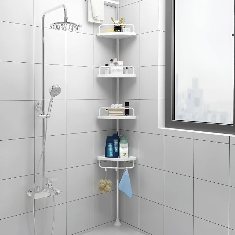 Derovan 4‑Tier Tension‑Pole Corner Shower Caddy – Height‑Adjustable 150‑280 cm Rust‑Resistant 304 Stainless Organizer with Hooks & Drainable Shelves - Image 1