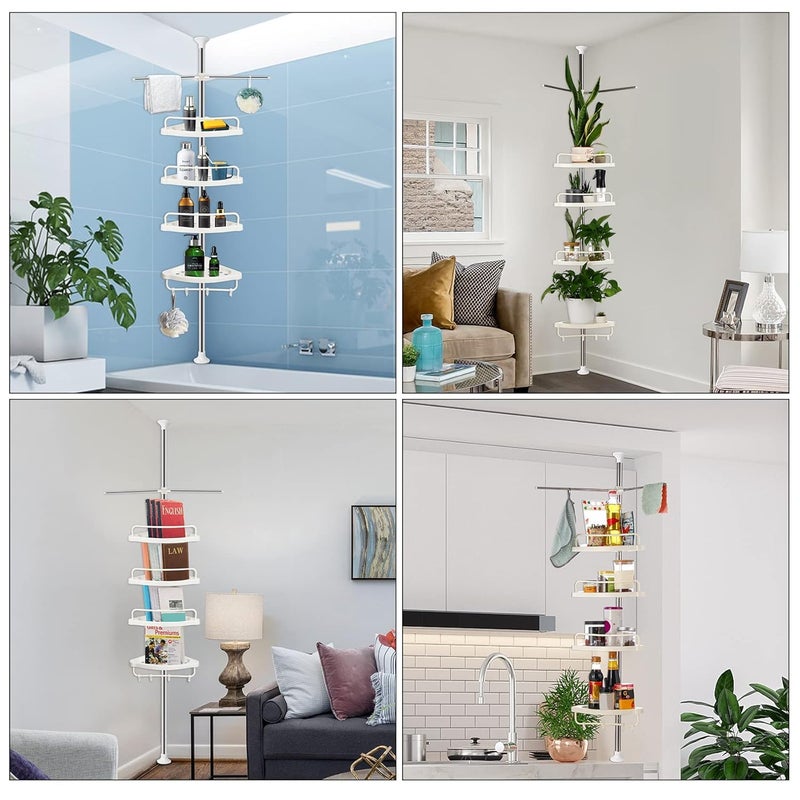 Derovan 4‑Tier Tension‑Pole Corner Shower Caddy – Height‑Adjustable 150‑280 cm Rust‑Resistant 304 Stainless Organizer with Hooks & Drainable Shelves - Image 4