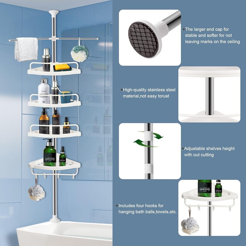 Derovan 4‑Tier Tension‑Pole Corner Shower Caddy – Height‑Adjustable 150‑280 cm Rust‑Resistant 304 Stainless Organizer with Hooks & Drainable Shelves - Image 2