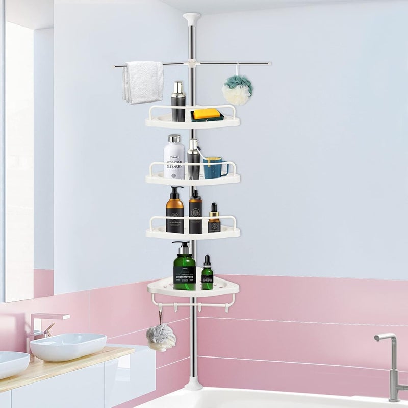 Derovan 4‑Tier Tension‑Pole Corner Shower Caddy – Height‑Adjustable 150‑280 cm Rust‑Resistant 304 Stainless Organizer with Hooks & Drainable Shelves - Image 5