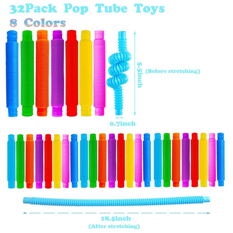 Neec 32Pack Pop Tubes, Fidget Tubes for Children and Adult Sensory Fidget Toy Set for Stress and Anxiety Relief Educational Learning Toys for Kids - Image 2