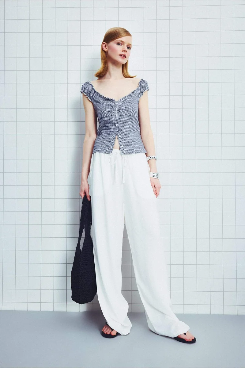 ديفاكتو Wide Leg With Pockets Linen Blended Trousers