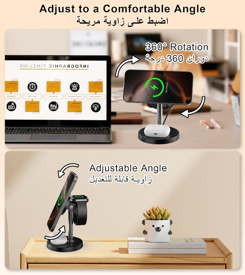 XXZU شاحن لاسلكي 3 في 1 متوافق مع Magsafe، حامل شاحن مغناطيسي لاسلكي محمول Qi2 بقدرة 25 واط سريع الشحن متوافق مع iPhone 17 16 15 14 13 Pro Max Plus/Apple Watch Series/Airpods - Image 3