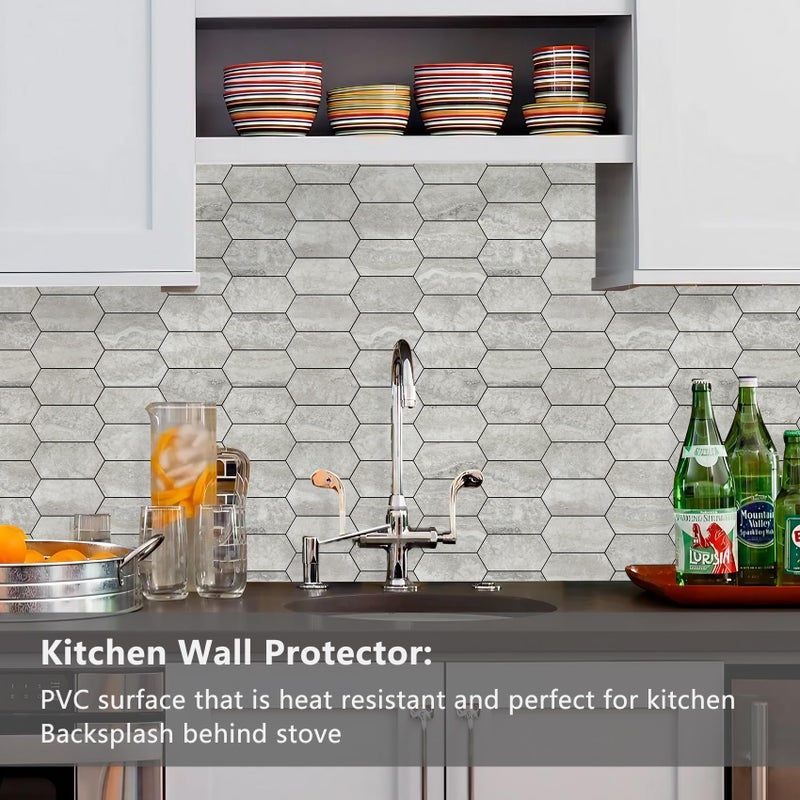 Vamos Tile Long Hexagon Peel and Stick Backsplash Tile - 10 Sheets Stick on Backsplash for Kitchen and Bathroom 12.4 x 12 Inch Beige Slate Look PVC Self Adhesive Mosaic Wall Tiles - Image 2