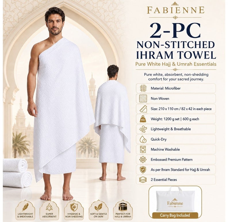 فابينني طقم مناشف إحرام للرجال (قطعتان) مع حزام - مقاس كبير (لخصر يزيد عن 40 بوصة) - مناشف إحرام غير مخيطة للعمرة والحج - أبيض نقي - مقاس 210 × 110 سم - Image 3