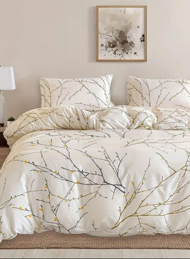 LUNA Home Single Size 4 Pieces Twigs Print Duvet Cover Set, Beige color.  - Image 1
