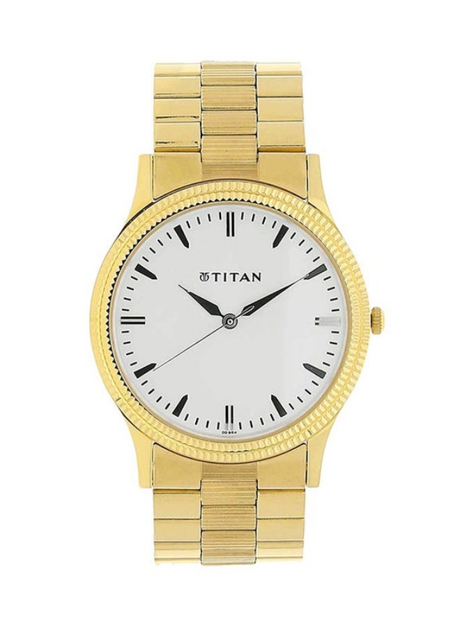 TITAN ساعة تيتان كاريشما التناظرية ذات القرص الأبيض المستدير بحزام من الفولاذ المقاوم للصدأ الذهبي للرجال-1650YM03 - Image 1