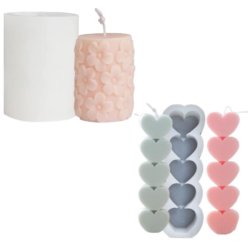 LEGACYCART 3D Medium Flower Pillar and Stack Heart Silicone Candle Mould Valentines Day Handmade DIY Cake Silicone Pouring Forms Mould for Candle Making Set Pack of 1
