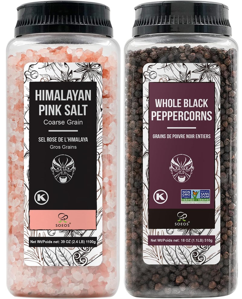 Soeos Himalayan Pink Salt 39 oz + Whole Black Peppercorns 18 oz, Coarse Grain, Kosher Salt for Grinder Refill, Salt and Pepper Grinder, Non-GMO Verified, Spice Seasoning Set for Cooking - Image 1