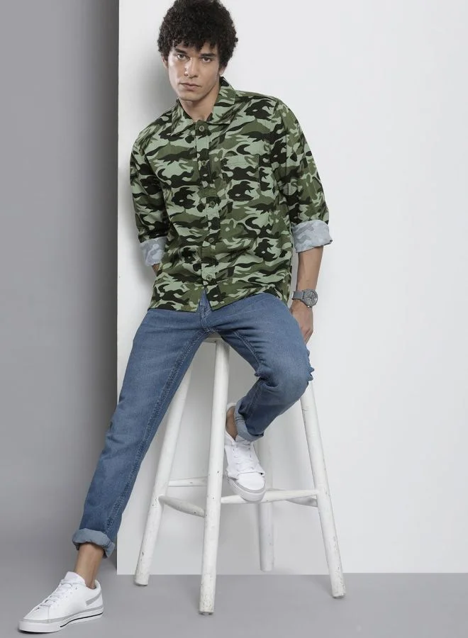 The Indian Garage Co Men Regular Fit Camouflage Full Sleeves Convertible Collar Street Wear Over Shirt