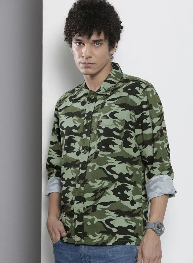 The Indian Garage Co Men Regular Fit Camouflage Full Sleeves Convertible Collar Street Wear Over Shirt