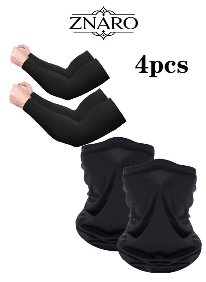 ZNARO 4 Pieces Ice Silk Cooling Neck Gaiter and UV Protection Arm Sleeves Set (2 Neck Gaiters + 2 Arm Sleeves), Breathable Stretchy Face Cover Scarf, Multifunctional Headwear & Sun Cooling Arm Guards (Black) - Image 1