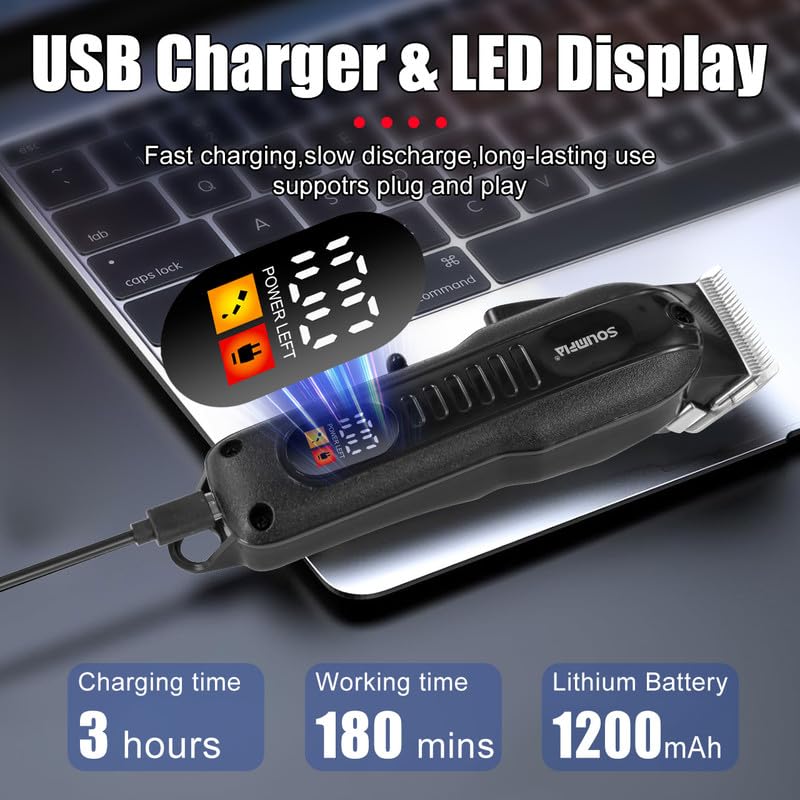 Solimpia HT-671 سلسلة صالون ماكينة حلاقة احترافية بشاشة رقمية ماكينة حلاقة شعر كهربائية مجموعة أدوات تشذيب الشعر اللاسلكية، بطارية ليثيوم أيون 1200mAh مدة تشغيل 180 دقيقة، أسود B - Image 3