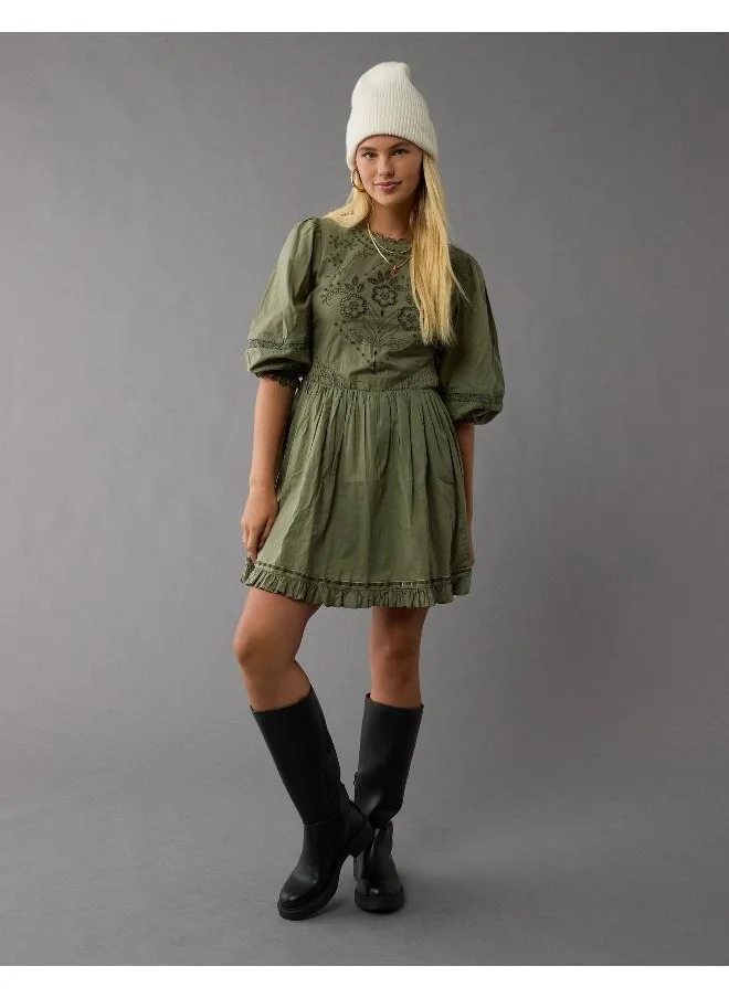 American Eagle AE Embroidered Puff Sleeve Mini Dress