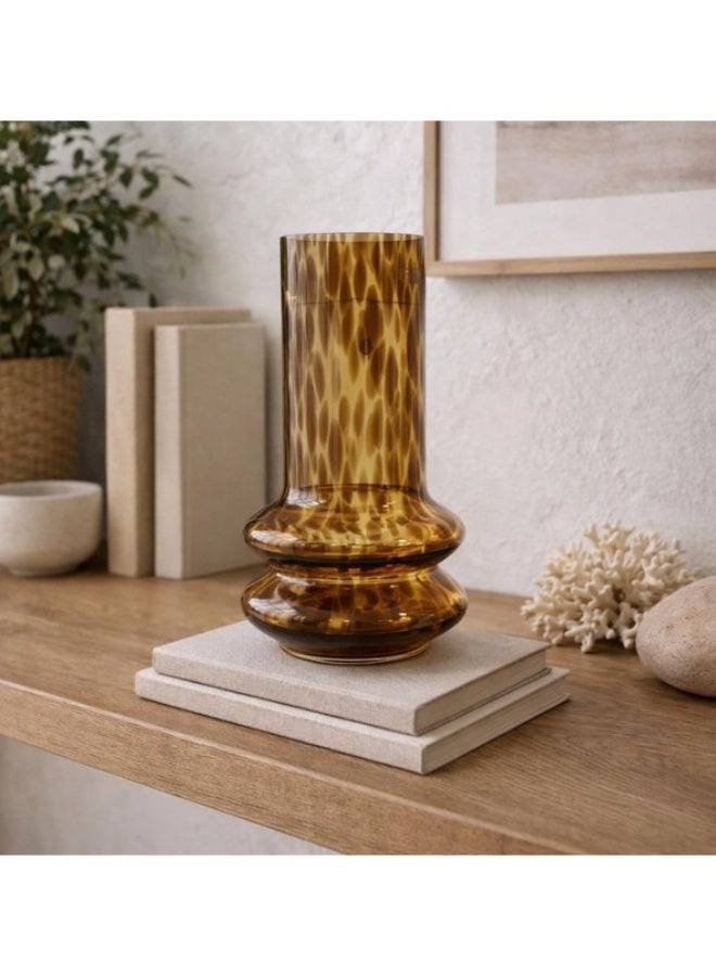 Luxury Honey Amber Glass Vase 25cm - Modern Organic Rock Leopard Print - Premium Home Decor
