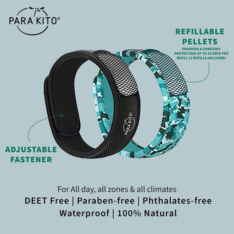 PARA'KITO Mosquito Repellent Bonus Pack - 2 Wristbands | 2 Refills (Turquoise + Foliage) - Image 2