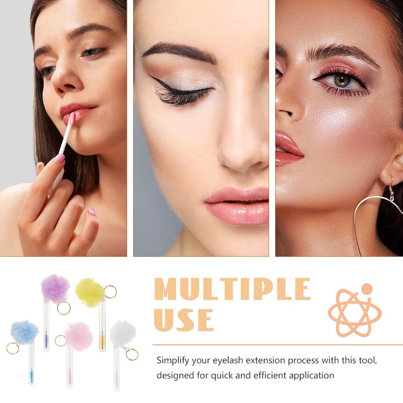 5pcs Eyelash Brush and Brow Comb Set with Plush Ball Keychain, Spiral Lash Wands for Lash Cleaning and Makeup Application, Portable Eye Makeup Accessory - Image 3
