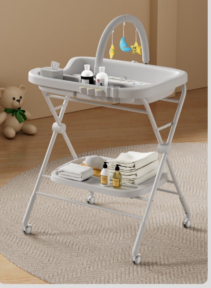 والالا طاولة تغيير حفاضات للأطفال مقاومة للماء مع عجلات، طاولات تغيير حفاضات قابلة للطي بارتفاع قابل للتعديل مع وسادة تغيير ورف تخزين ومحطة حفاضات للأطفال حديثي الولادة والرضع - Image 1