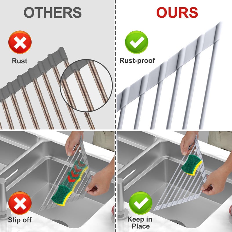 MERRYBOX Triangle Roll Up Dish Drying Rack Over The Sink, 2025 Anti-Rust Sink Drying Rack with Full Silicone Wrapped for Top of Corner, Anti-Slip Organizer for Kitchen - Image 3