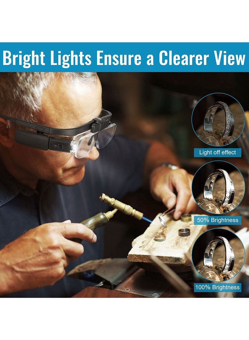 SYOSI نظارات مكبرة SYOSI مع ضوء، نظارات مكبرة مثبتة على الرأس مع 3 عدسات قابلة للفصل للعمل القريب، هواية المجوهرات، الحرف، إصلاح الساعات والإلكترونيات، من 1X إلى 2.5X - Image 3