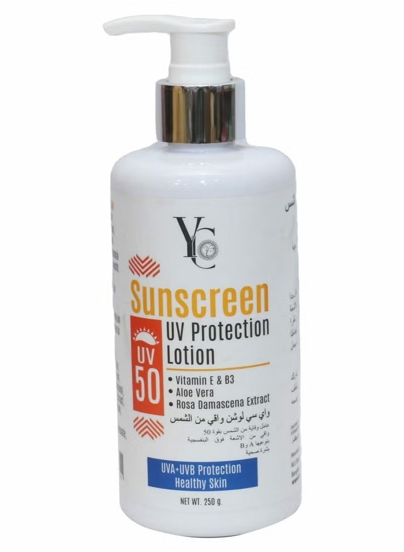 YC Sunscreen UV Protection Lotion SPF 50, 250g - with Vitamin E & B3, Aloe Vera
