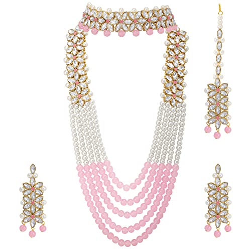 Peora Gold Plated Crystal Pearl Wedding Bridal Necklace with Earring Maang Tikka Jewellery Set for Women Girls - Image 1