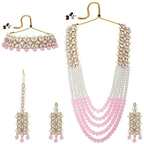 Peora Gold Plated Crystal Pearl Wedding Bridal Necklace with Earring Maang Tikka Jewellery Set for Women Girls - Image 3