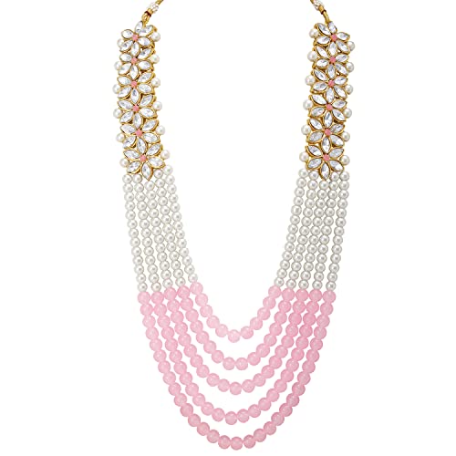 Peora Gold Plated Crystal Pearl Wedding Bridal Necklace with Earring Maang Tikka Jewellery Set for Women Girls - Image 5