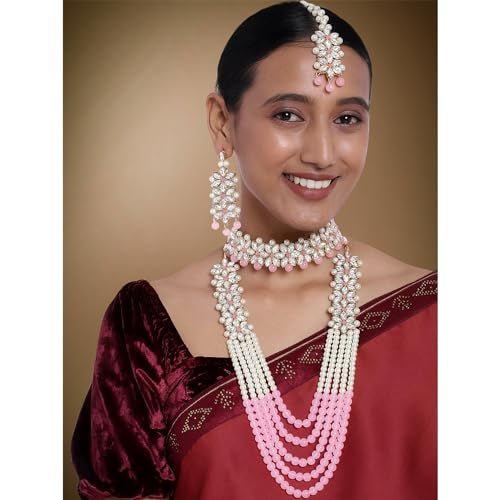 Peora Gold Plated Crystal Pearl Wedding Bridal Necklace with Earring Maang Tikka Jewellery Set for Women Girls - Image 2