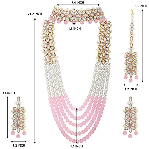 Peora Gold Plated Crystal Pearl Wedding Bridal Necklace with Earring Maang Tikka Jewellery Set for Women Girls - Image 4
