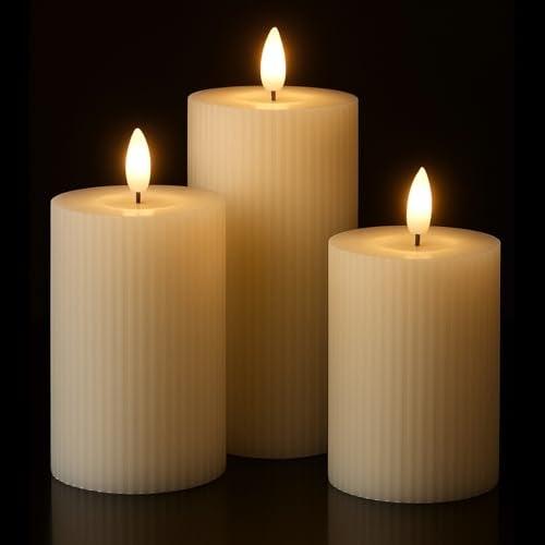 coku Set of 3 Flameless LED Pillar Candles, Real Wax Flickering Moving Flame Candles, Battery Operated Smokeless Safe Decorative Candle for Home, Bedroom, Wedding, Party, Diwali, Christmas & Gifts - Image 1