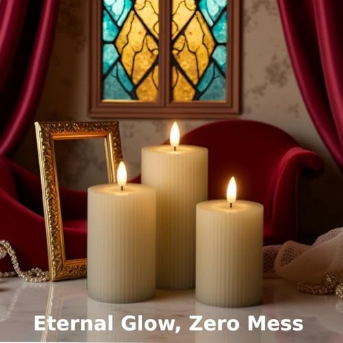 coku Set of 3 Flameless LED Pillar Candles, Real Wax Flickering Moving Flame Candles, Battery Operated Smokeless Safe Decorative Candle for Home, Bedroom, Wedding, Party, Diwali, Christmas & Gifts - Image 4