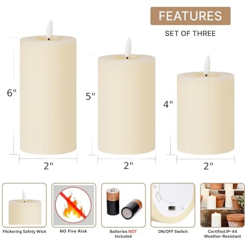 coku Set of 3 Flameless LED Pillar Candles, Real Wax Flickering Moving Flame Candles, Battery Operated Smokeless Safe Decorative Candle for Home, Bedroom, Wedding, Party, Diwali, Christmas & Gifts - Image 2