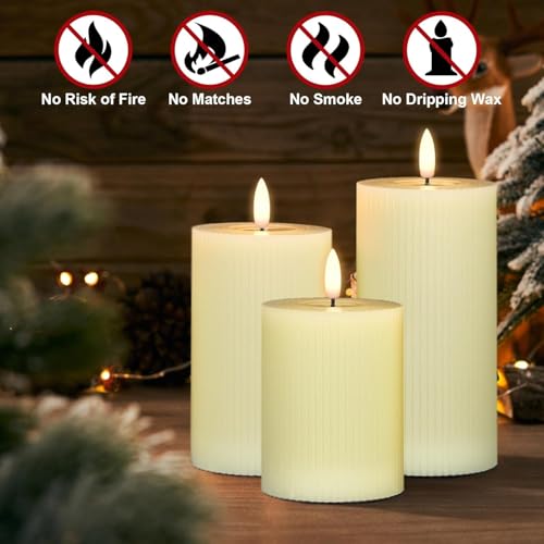 coku Set of 3 Flameless LED Pillar Candles, Real Wax Flickering Moving Flame Candles, Battery Operated Smokeless Safe Decorative Candle for Home, Bedroom, Wedding, Party, Diwali, Christmas & Gifts - Image 5