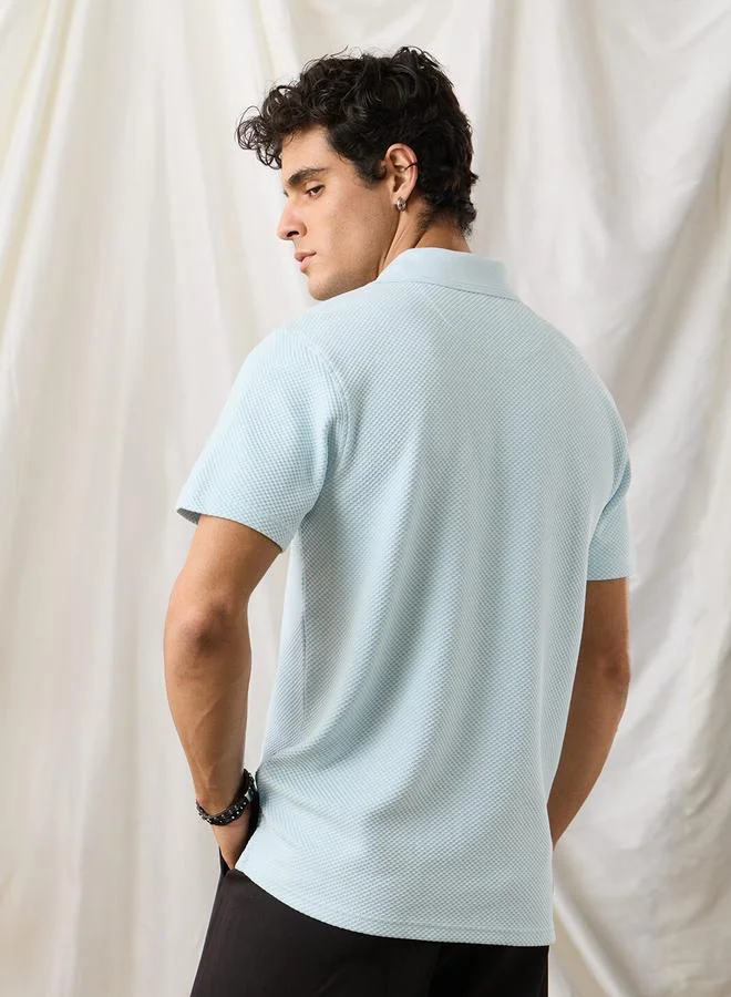 The Souled Store  Men Sky Blue Textured Classic Fit Cotton Polo T-Shirt for Men | Best Price UAE