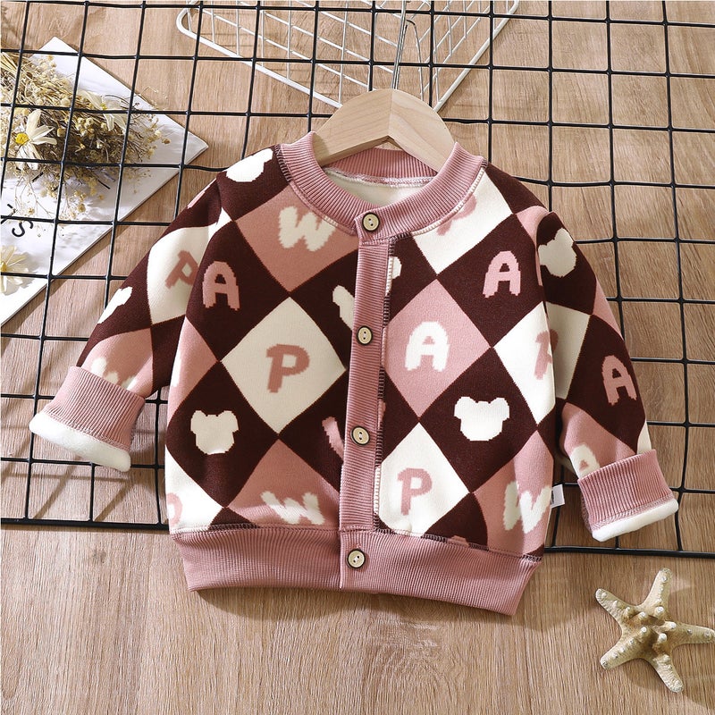 2024 Autumn and Winter New Childrens All-match Knitted Coat Boys Girls Baby Warm Cardigan Thickened Outer Wear Sweater Wt06-letter bear head 
