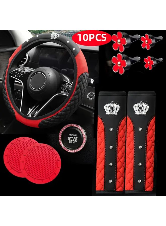 Red Universal Car Steering Wheel Cover Set With Daisy Vent Clips Non Slip Breathable - Image 1