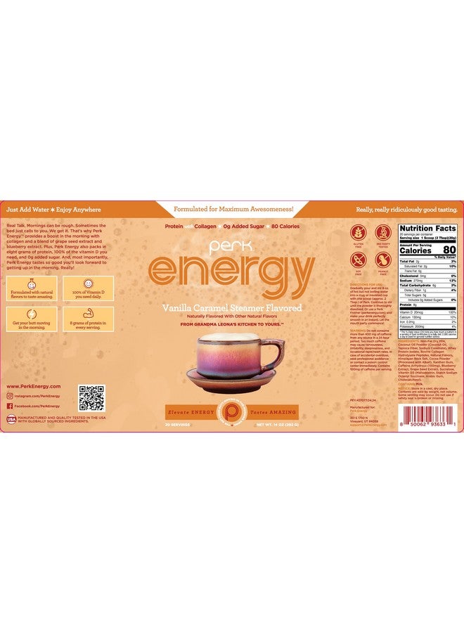 PERK Perk Energy Original Vanilla Caramel Steamer Flavored Drink Powder (20 Servings) - Gluten-Free, Peanut-Free - Image 3