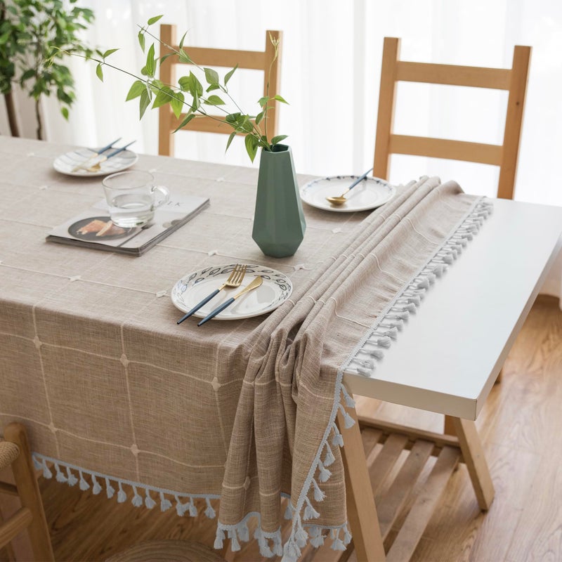 Oubonun Cotton Linen Rectangular Table Cloth  Wrinkle Resistant  Waterproof Tablecloth  Washable Farmhouse Table Cover with Tassels for Kitchen Dining Party  55''x102''  8-10 Seats  Light Coffee - Image 2