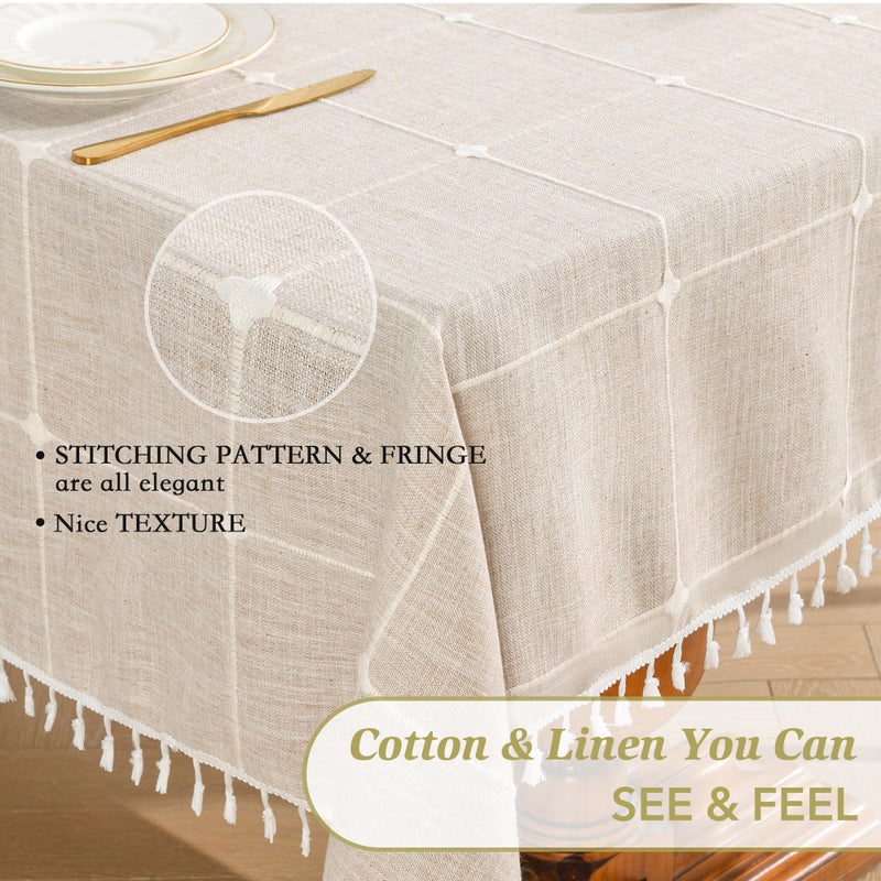 Oubonun Cotton Linen Rectangular Table Cloth  Wrinkle Resistant  Waterproof Tablecloth  Washable Farmhouse Table Cover with Tassels for Kitchen Dining Party  55''x102''  8-10 Seats  Light Coffee - Image 4