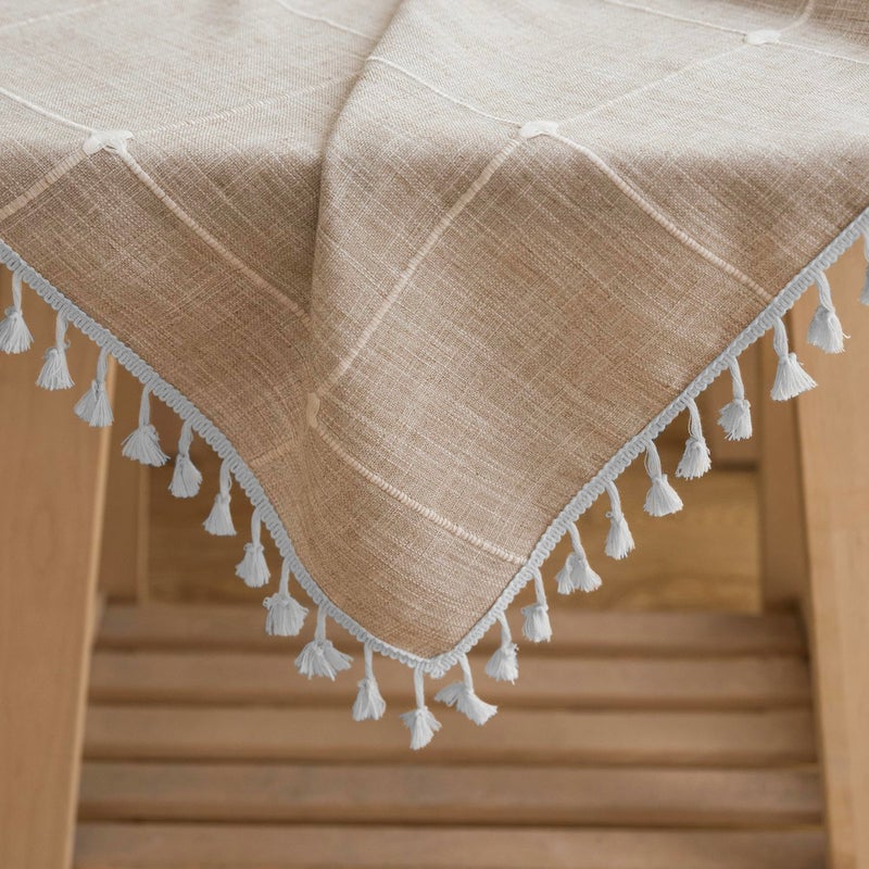 Oubonun Cotton Linen Rectangular Table Cloth  Wrinkle Resistant  Waterproof Tablecloth  Washable Farmhouse Table Cover with Tassels for Kitchen Dining Party  55''x102''  8-10 Seats  Light Coffee - Image 5