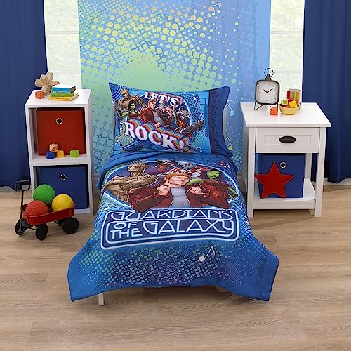 NoJo Marvel Guardians of The Galaxy Blue Let's Rock 4 Piece Toddler Bed Set - Comforter, Fitted Bottom Sheet, Flat Top Sheet, and Reversible Pillowcase - Image 1