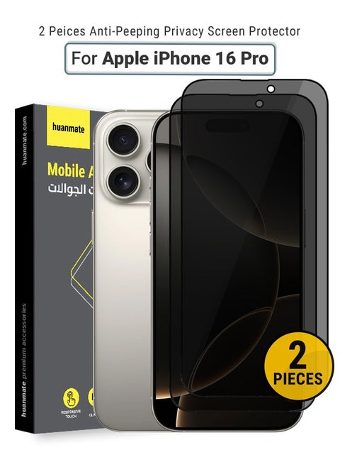 2 Pieces Apple iPhone 16 Pro Privacy Screen Protector – Premium Edge to Edge Anti Spy Privacy Tempered Glass, Oleophobic Coating, Delicate Touch, Anti-Explosion, Smooth Arc Edge, Easy Installation