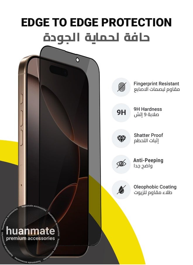 huanmate - 2 Pieces Apple iPhone 16 Pro Privacy Screen Protector – Premium Edge to Edge Anti Spy Privacy Tempered Glass, Oleophobic Coating, Delicate Touch, Anti-Explosion, Smooth Arc Edge, Easy Installation - Image 1