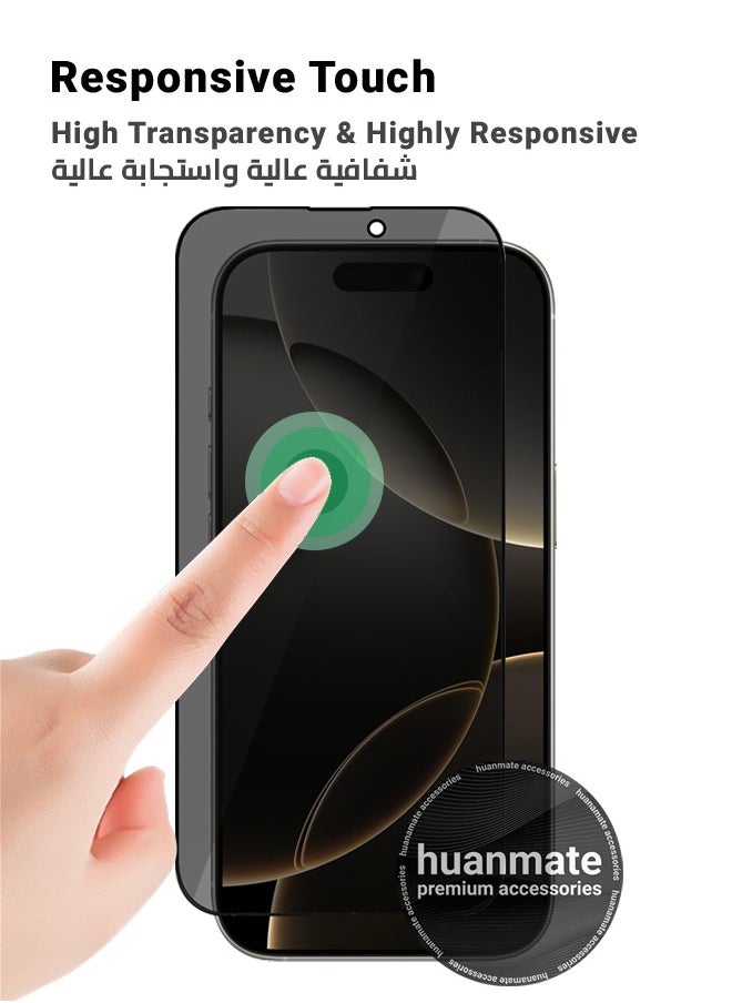 huanmate - 2 Pieces Apple iPhone 16 Pro Privacy Screen Protector – Premium Edge to Edge Anti Spy Privacy Tempered Glass, Oleophobic Coating, Delicate Touch, Anti-Explosion, Smooth Arc Edge, Easy Installation - Image 1