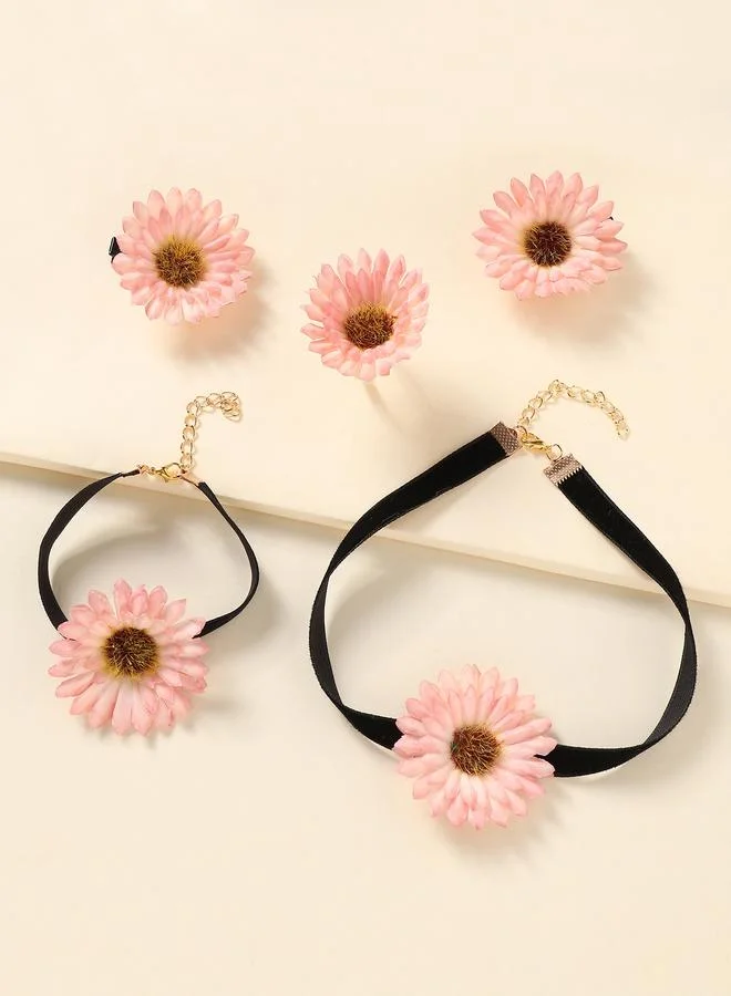 Take Two  Girls Light Pink Floral Necklace, Bracelet, Ring and Hair Clips Set for Women | Best Price UAE