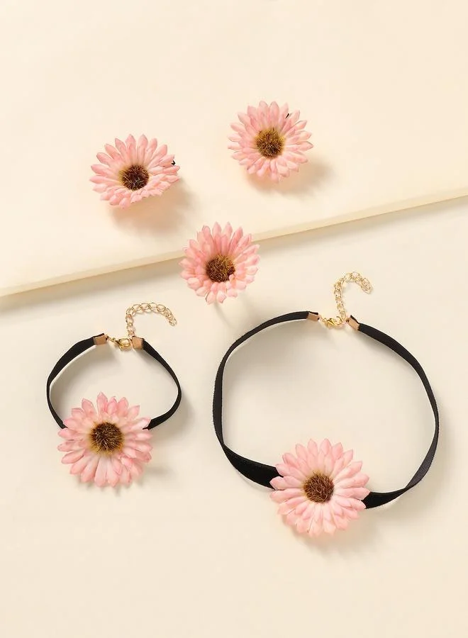Girls Light Pink Floral Necklace, Bracelet, Ring and Hair Clips Set