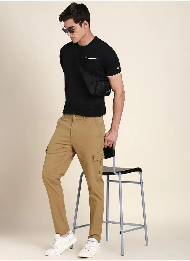 Dennis Lingo Men's Khaki 100% Cotton Solid Pattern Full Length Slim Fit Trouser