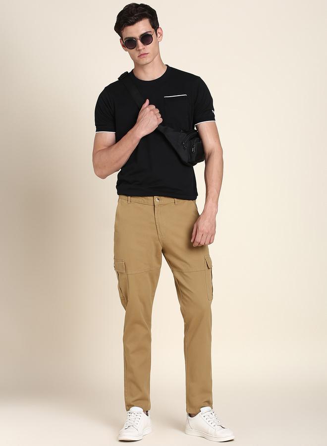 Dennis Lingo Men's Khaki 100% Cotton Solid Pattern Full Length Slim Fit Trouser - Image 1