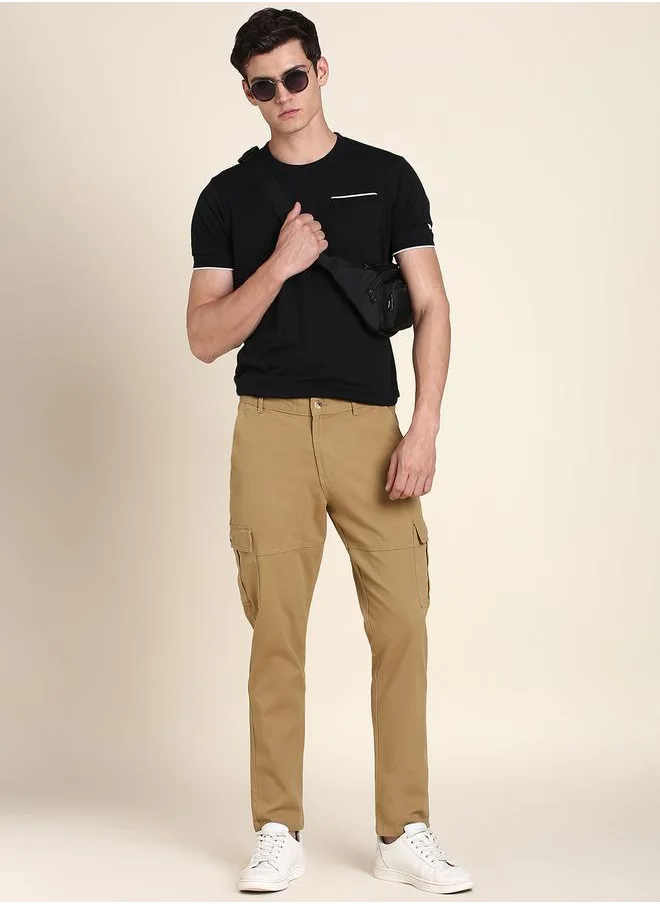 دينيس لينغو Khaki Slim Fit Solid Trouser for Men - Cotton Blend, Full Length, Button & Zip, Mid Rise, Casual